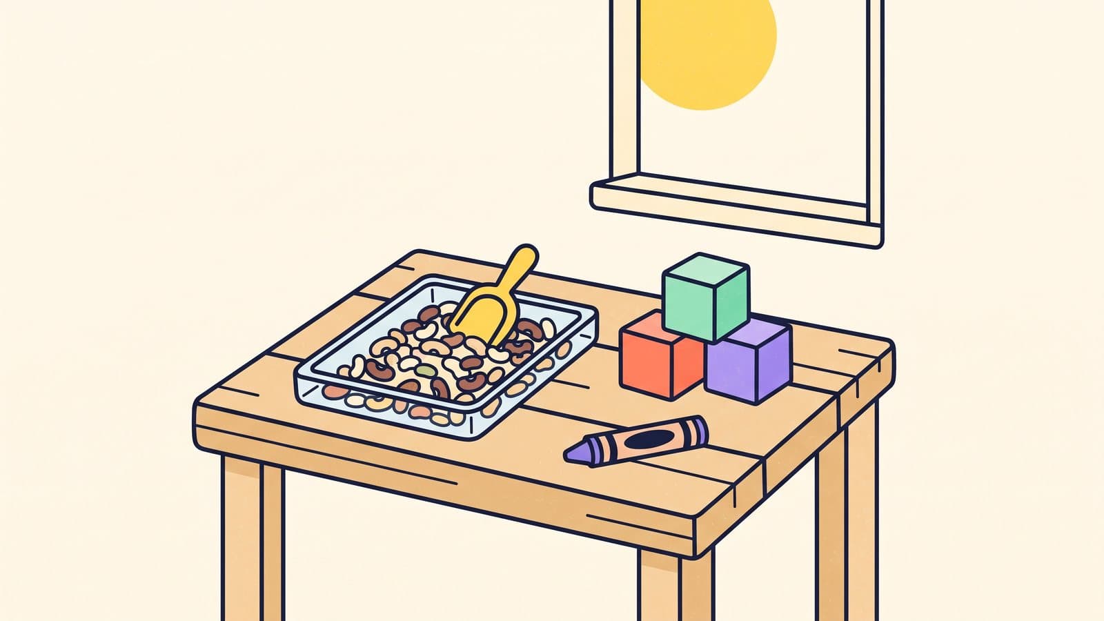 A low kid-height table with a shallow bin of dried beans, a scoop, three wooden blocks, and a crayon, with sun coming through a window, in a flat playful illustration style.