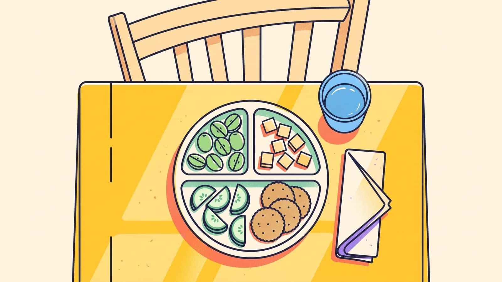 A divided kid plate with quartered grapes, cheese cubes, cucumber moons, and whole-grain crackers beside a small cup of water on a sunny table, in a flat playful illustration style.