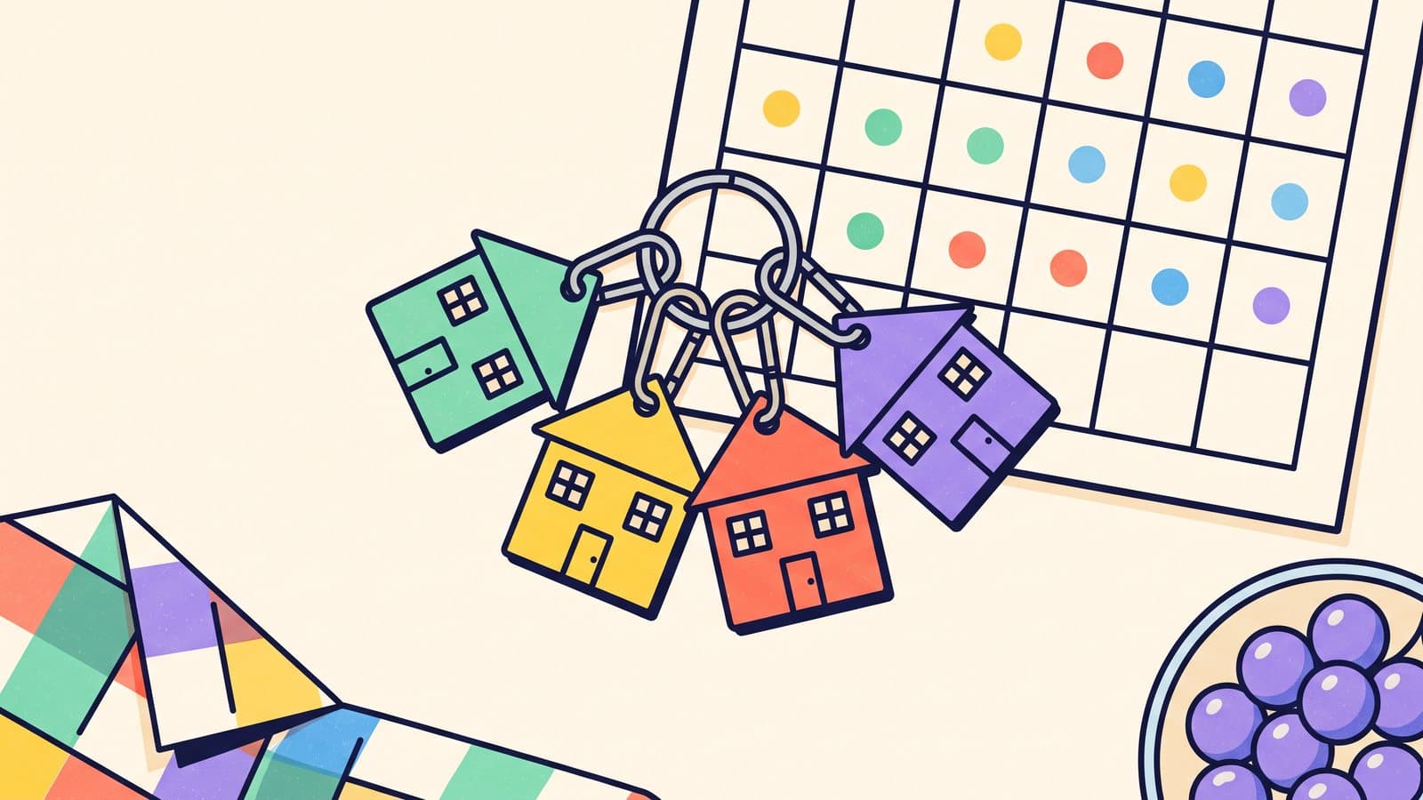 Four house-shaped keychains clipped to one ring beside a shared wall calendar with colored dots, a picnic blanket corner, and a small snack bowl, in a flat playful illustration style.
