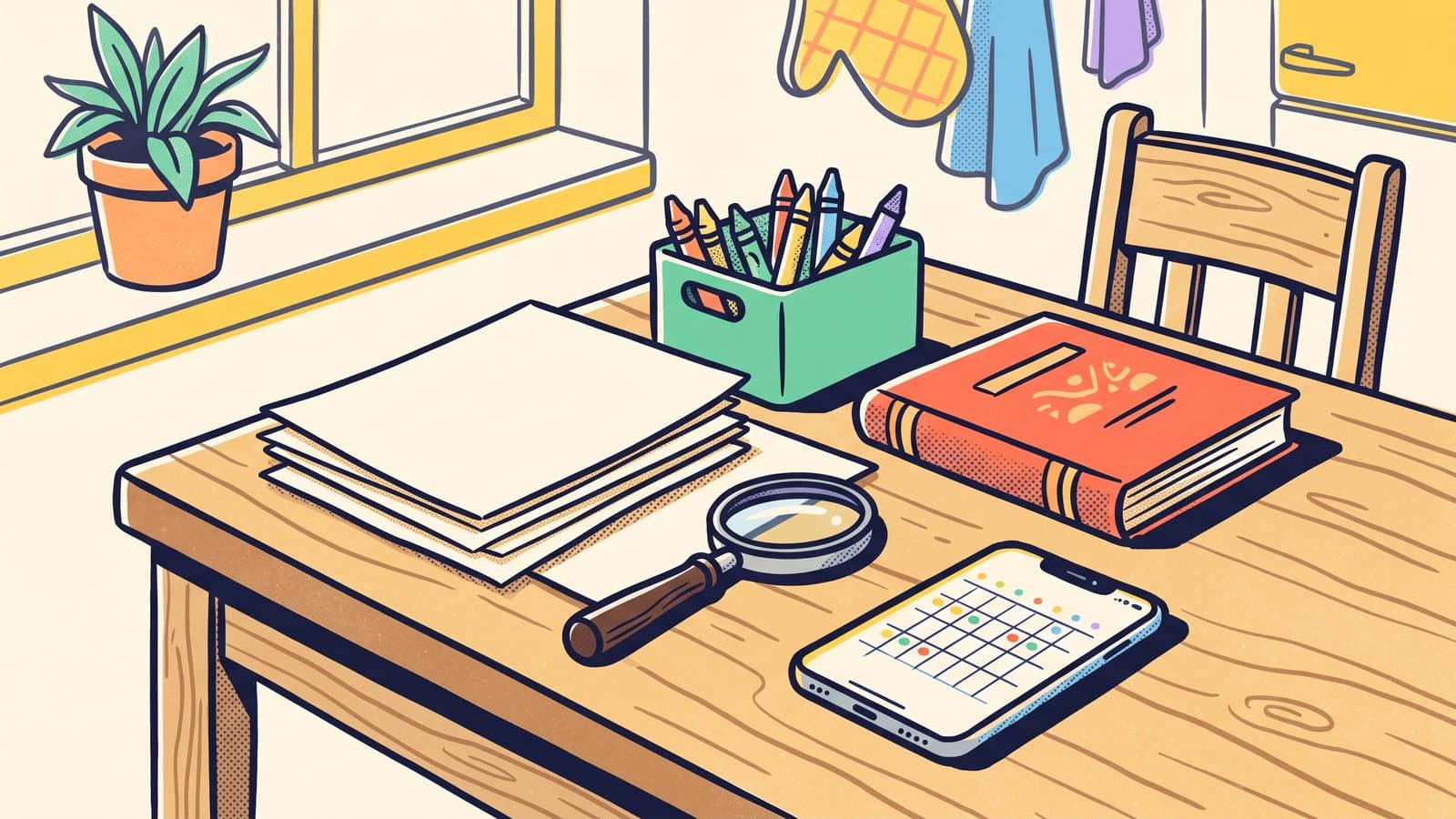 A kitchen table with a stack of three printed pages, a small bin of crayons, a picture book, a magnifying glass, and a phone showing a calendar grid, in a flat playful illustration style.