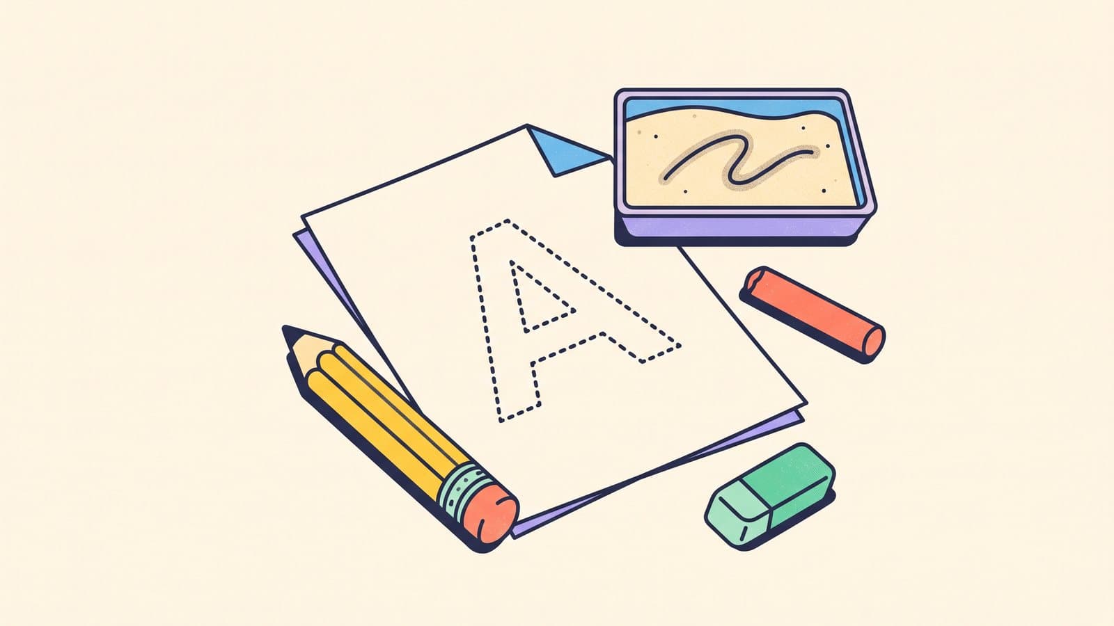 A single worksheet with a big dotted capital A and a chunky pencil, beside a small sand tray with a finger-traced letter and a stick of chalk, on a cream desk.