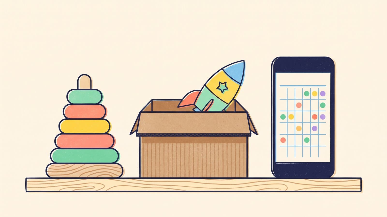 Three objects side by side on a cream shelf: a wooden stacking toy, a cardboard craft crate with a paper rocket, and a phone showing a simple calendar grid, in a flat playful illustration with no logos.