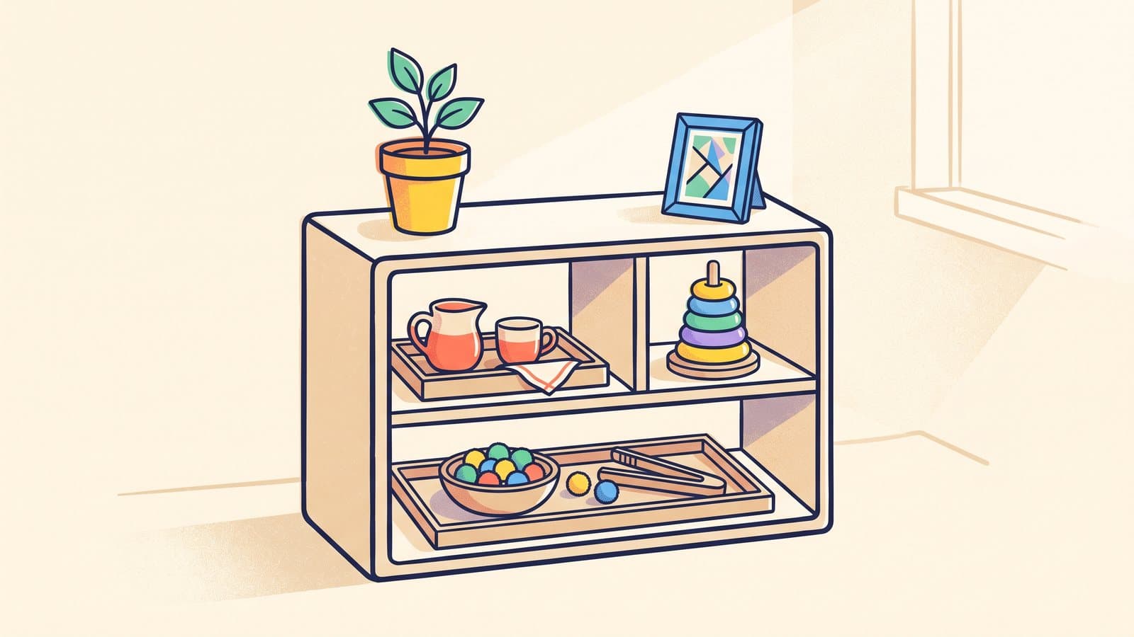 A child-height shelf holding three trays, a small pitcher with a cup, wooden rings on a peg, and a bowl of pom-poms with tongs, beside a small plant in morning light.