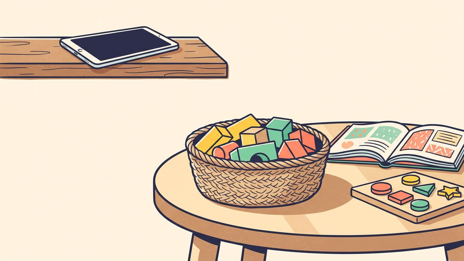 A tablet lies face-down on a shelf while a kid-size table in front of it holds a basket of blocks, a picture book, and a wooden puzzle in warm afternoon light.
