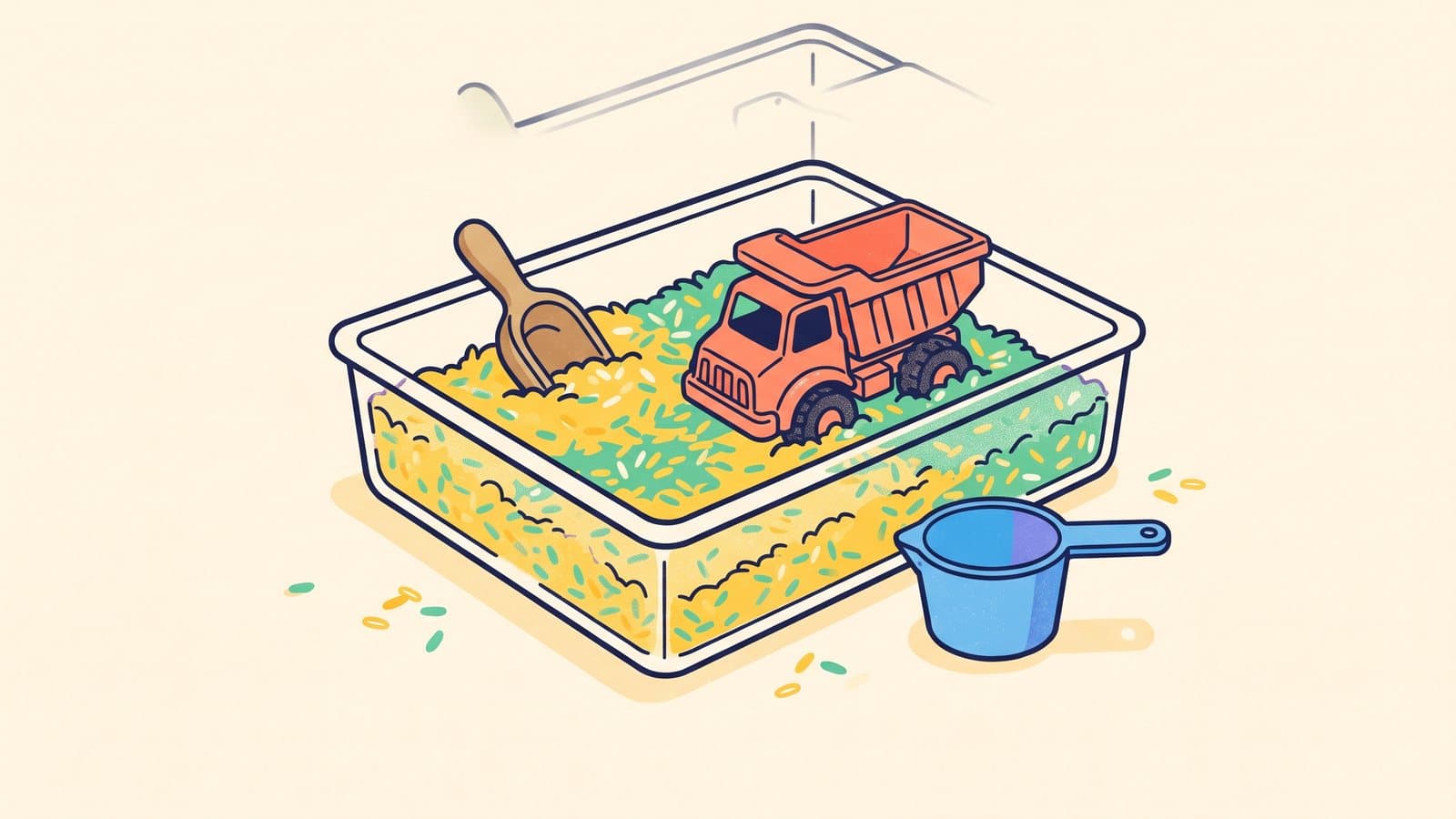 A clear bin on a cream floor filled with dyed rice in sunny yellow and mint, with a small scoop, a toy truck half buried, and a measuring cup, in a flat playful illustration style.