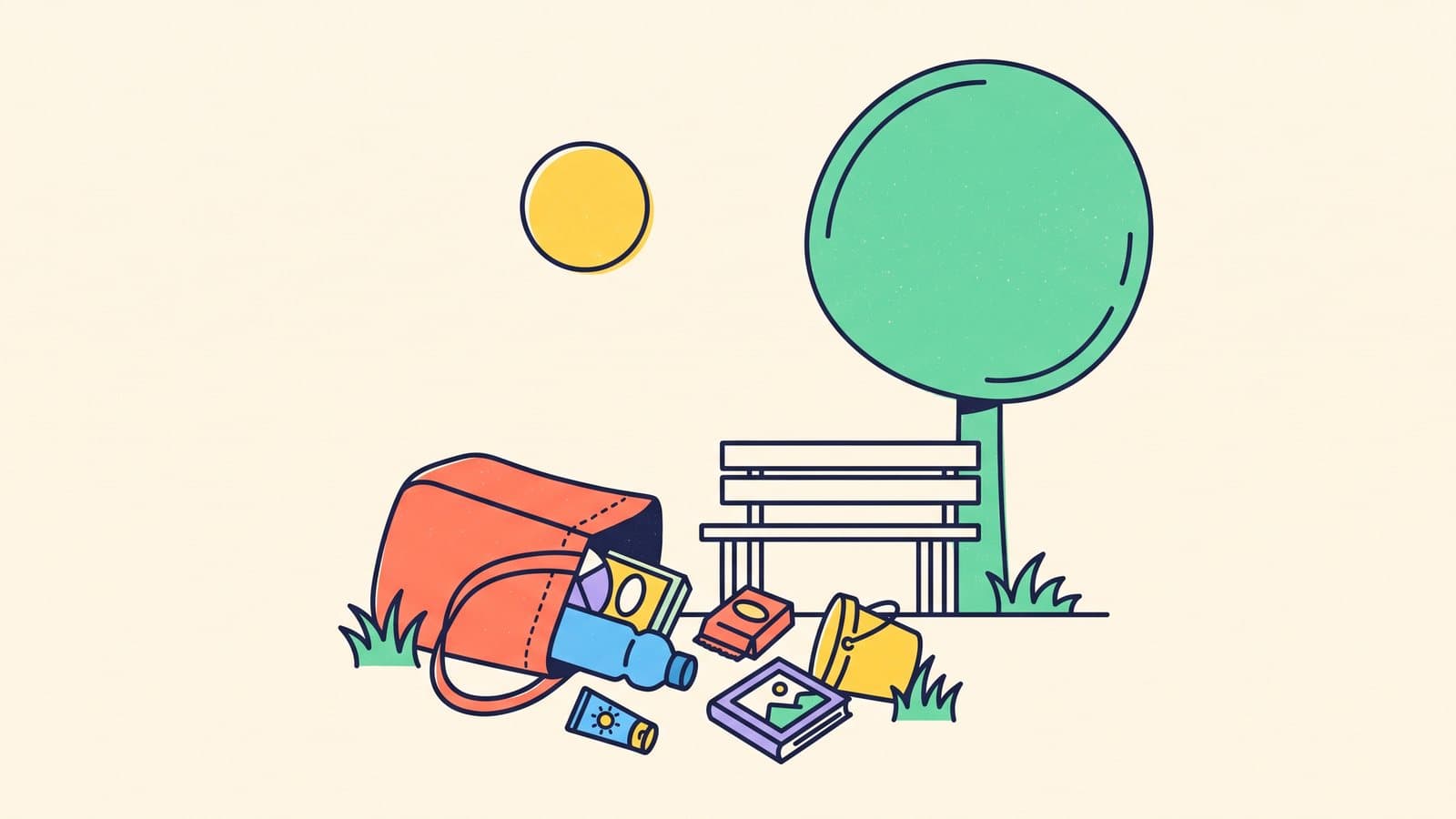 A tote bag spilling a water bottle, sunscreen, a small snack box, a library book, and a toy bucket next to a park bench under a tree, in a flat playful illustration.