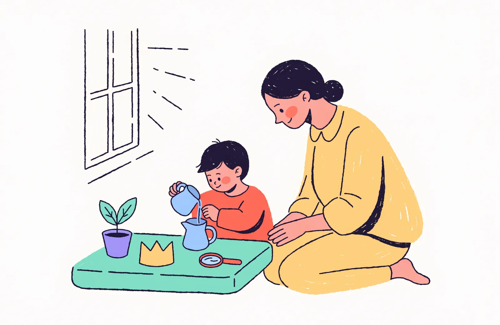 A mom kneeling beside a toddler who is pouring water between two small pitchers at a low table